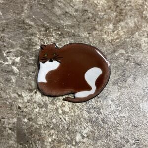 Fat Cat Brown Red & White Colored Pin Brooch Gift‎ For Cat Lover
